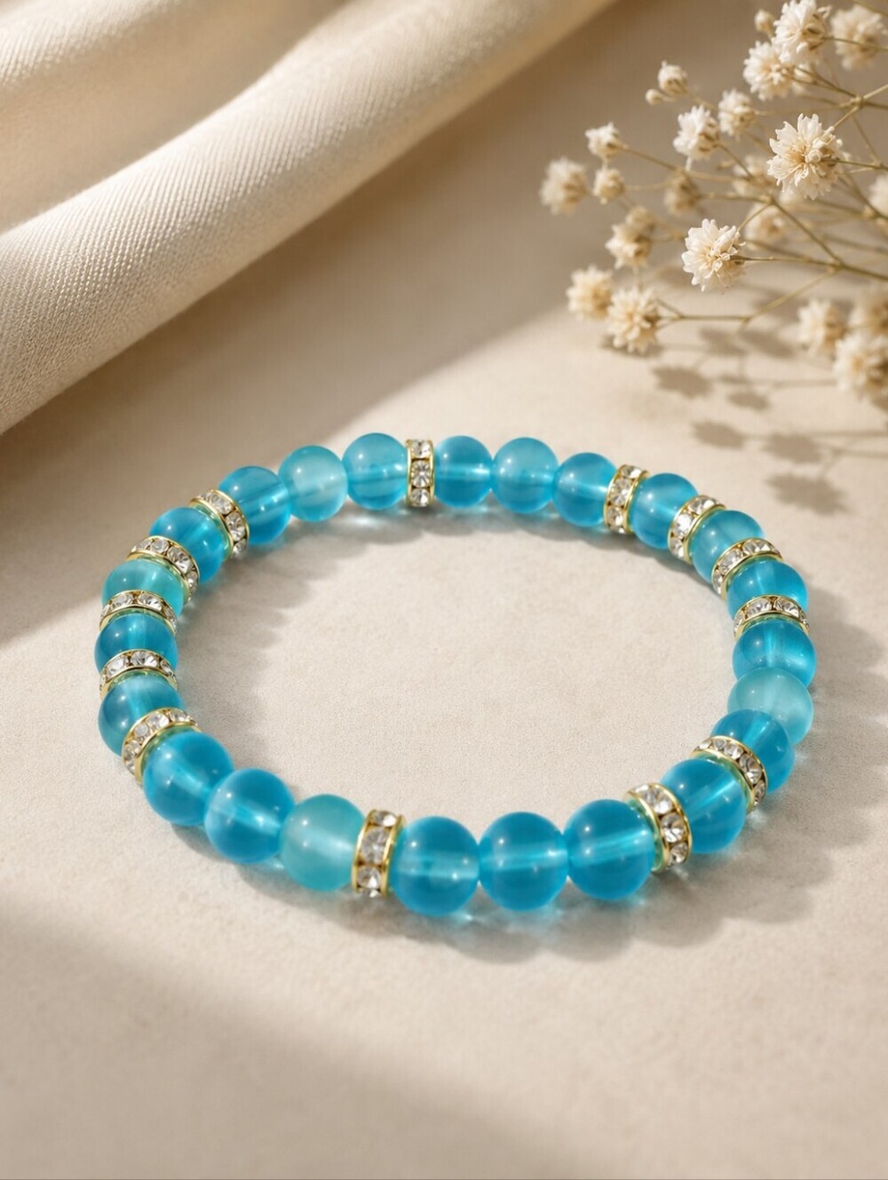Turquoise Blue Glass Bead Stretch Bracelet | 7 Inch Crystal Spacer Bracelet
